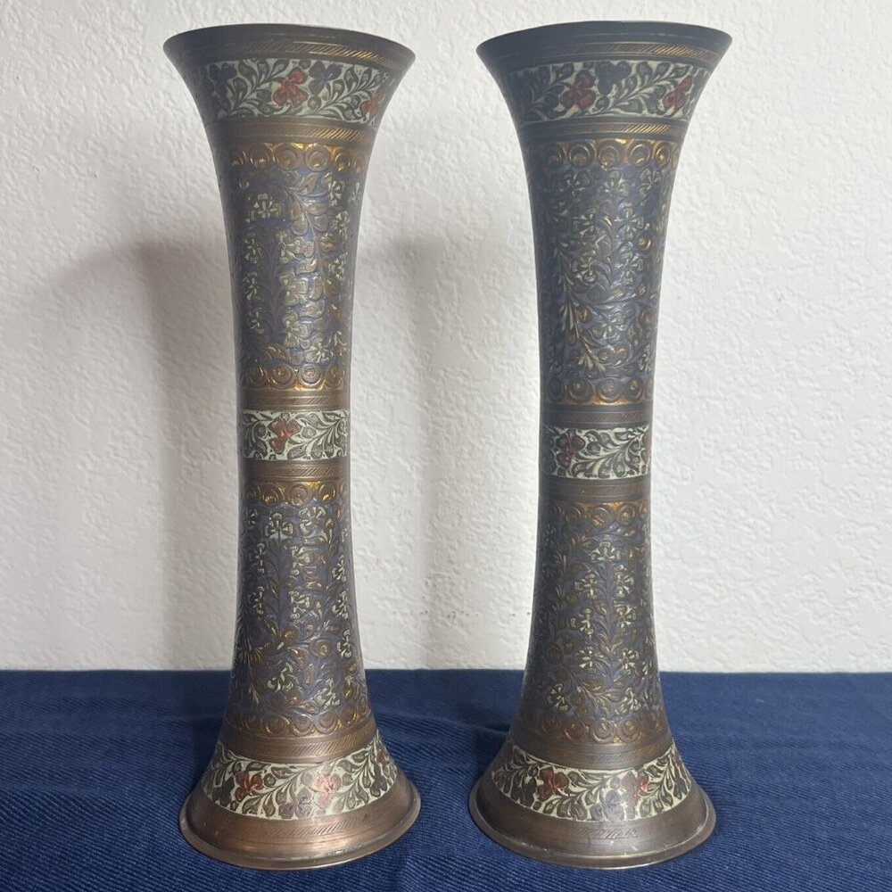 Vintage Brass Vases Candlesticks Set/2 Ornate Design 12” Muted Florals Heavy